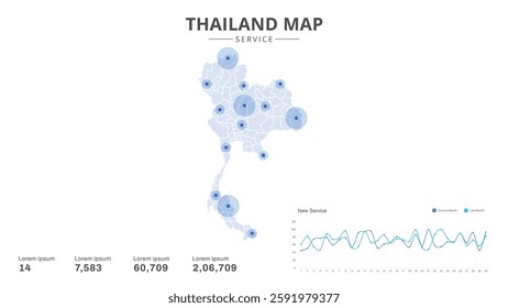 Service centers are highlighted within the of Thailand Infographic map. Business Infographic Map of Thailand. Vector Map of a Thailand map. Easy to edit