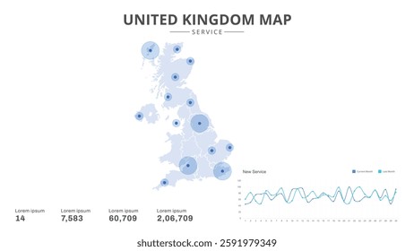 Service centers are highlighted within the of United Kingdom Infographic map. Business Infographic Map of United Kingdom. Vector Map of a United Kingdom map. Easy to edit