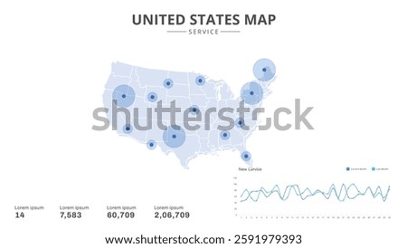 Service centers are highlighted within the of United States Infographic map. Business Infographic Map of United States. Vector Map of a United States map. Easy to edit