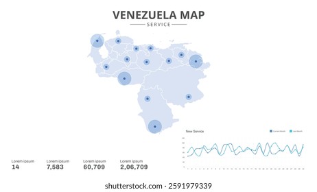 Service centers are highlighted within the of Venezuela Infographic map. Business Infographic Map of Venezuela. Vector Map of a Venezuela map. Easy to edit