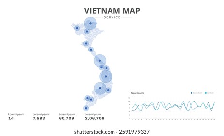 Service centers are highlighted within the of Vietnam Infographic map. Business Infographic Map of Vietnam. Vector Map of a Vietnam map. Easy to edit