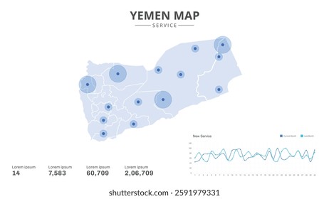 Service centers are highlighted within the of Yemen Infographic map. Business Infographic Map of Yemen. Vector Map of a Yemen map. Easy to edit