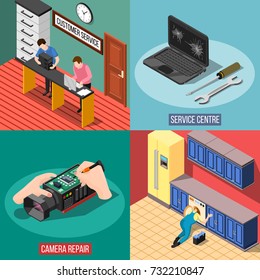 Service centre 2x2 design concept with customer support and repair of gadgets devices and household appliances square compositions isometric vector illustration  