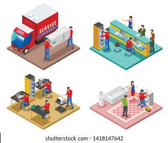 Conjunto de composiciones 4 x 1 isométricas del centro de servicio con imágenes que representan diferentes servicios de soporte y asistencia postventa ilustración vectorial