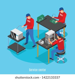 Service centre isometric background with view of people performing repairs of computer equipment and consumer electronics vector illustration