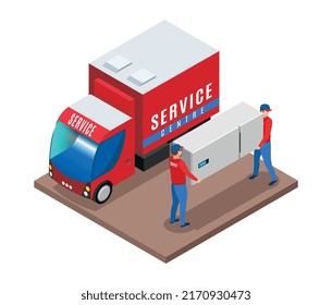 Service centre isometric composition with characters of support service workers with consumer electronics vector illustration