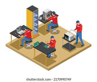 Service Centre Isometric Composition With Characters Of Support Service Workers With Consumer Electronics Vector Illustration