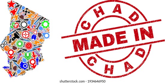 Service Chad map mosaic and MADE IN grunge rubber stamp. Chad map mosaic composed with spanners, gearwheels, tools, aviation symbols, vehicles, electric sparks, helmets.