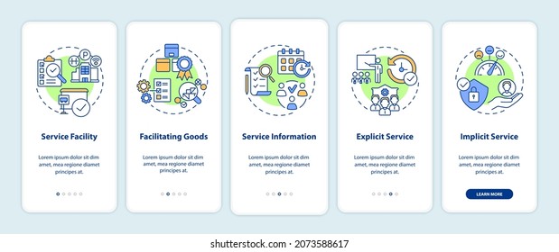 Características del servicio a bordo de la pantalla de la aplicación móvil. Recorrido de administración de operaciones 5 pasos de instrucciones gráficas con conceptos. UI, UX, plantilla de vector GUI con ilustraciones de color lineales