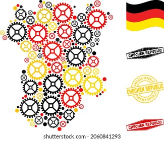 Service Chechen Republic map composition and stamps. Vector collage is designed of service elements in various sizes, and Germany flag official colors - red, yellow, black.
