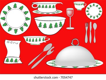 service for christmas dinner with trees decorated