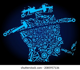 Service cigarette smoker composition of service tools on a dark blue gradient background. Vector cigarette smoker is made from blue gears, wrenches, and other instruments,