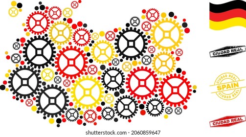 Service Ciudad Real Province map collage and seals. Vector collage formed of cog elements in different sizes, and German flag official colors - red, yellow, black.