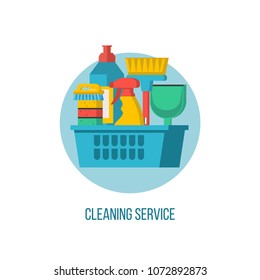 Service cleaning. Colorful vector illustration, Emblem. Cleaning kit.