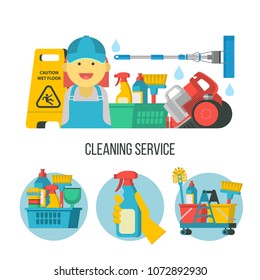 Service cleaning. Colorful vector illustration, Emblem. Cleaning kit. Cheerful maid, cleaning lady in overalls.