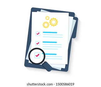 Service clipboard. Clipboard or checklist. Technical check list. Technical support check list, magnifying glass solution, software upgrade. Testing services. Technical terms and conditions