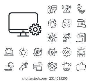 Service Cogwheel sign. Place location, technology and smart speaker outline icons. Computer or Monitor icon. Personal computer symbol. Monitor settings line sign. Vector