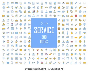 Service color icons big set. Car service, technical assistance service, atelier. Spa and tattoo salons, barbershop. Shop, cafe, restaurant. Customer service. Call center. Isolated vector illustrations