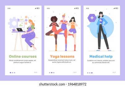 Service for communication of expectant mothers. Online courses, yoga lessons, online medical assistance. Community of pregnant women, social network. Vector flat illustration.