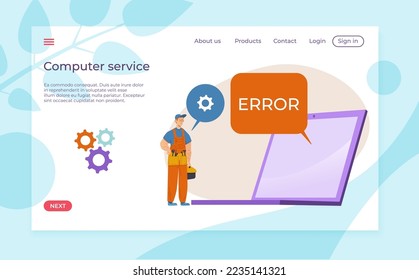Service for computer maintenance, website page, vector illustration, flat tiny man character support technology screen with error, landing banner