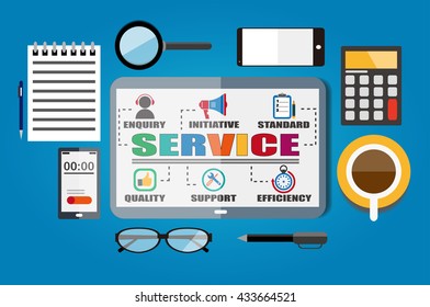 service concept with icons and elements displayed on tablet pc. top view of modern workplace