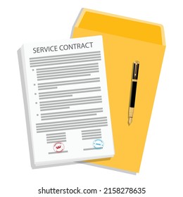 Service contract document, file folder and fountain pen. Signing service contract, agreement concept. Vector