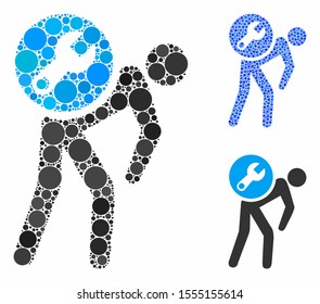 Service courier mosaic of small circles in various sizes and color hues, based on service courier icon. Vector filled circles are grouped into blue mosaic.