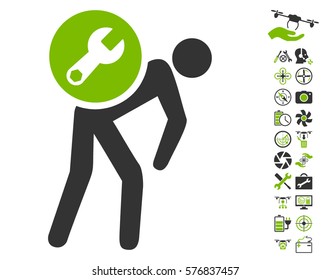 Service Courier pictograph with bonus uav tools images. Vector illustration style is flat iconic eco green and gray symbols on white background.