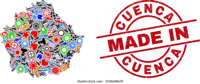 Service Cuenca Province map mosaic and MADE IN textured stamp seal. Cuenca Province map mosaic composed with spanners, gear wheels, tools, items, cars, electric strikes, details.