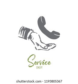 Service, customer, business, support, call center concept. Hand drawn human hand with a phone concept sketch. Isolated vector illustration.