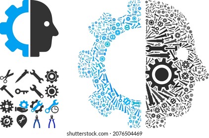 Service cyborg head mosaic of tools. Vector cyborg head is constructed of gears, spanners, and other tools, and based on cyborg head icon. Abstraction of mechanic work.