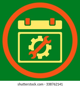 Service Date vector icon. Style is bicolor flat rounded symbol, orange and yellow colors, rounded angles, green background.
