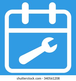 Service Date vector icon. Style is flat symbol, white color, rounded angles, blue background.