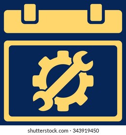 Service Date vector icon. Style is flat symbol, yellow color, rounded angles, blue background.