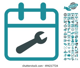 Service Day icon with bonus calendar and time management design elements. Vector illustration style is flat iconic bicolor symbols, soft blue colors, white background.
