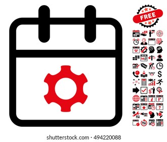 Service Day icon with bonus calendar and time management images. Vector illustration style is flat iconic bicolor symbols, intensive red and black colors, white background.