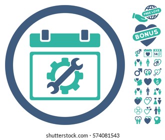 Service Day icon with bonus passion clip art. Vector illustration style is flat rounded iconic cobalt and cyan symbols on white background.