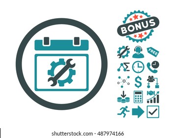 Service Day icon with bonus symbols. Vector illustration style is flat iconic bicolor symbols, soft blue colors, white background.