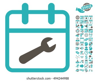 Service Day pictograph with bonus calendar and time management pictograph collection. Vector illustration style is flat iconic bicolor symbols, grey and cyan colors, white background.