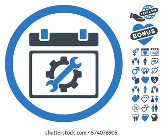 Service Day pictograph with bonus decorative symbols. Vector illustration style is flat rounded iconic smooth blue symbols on white background.