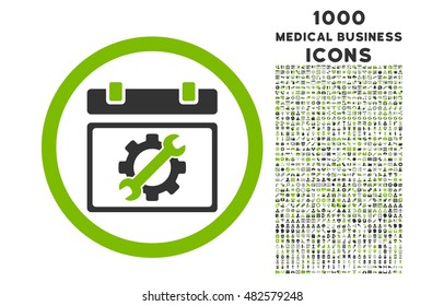Service Day rounded vector bicolor icon with 1000 medical business icons. Set style is flat pictograms, eco green and gray colors, white background.