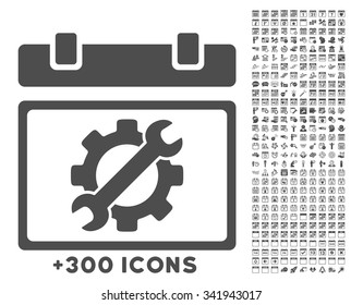 Service Day vector icon with additional 300 date and time management pictograms. Style is flat symbols, gray color, rounded angles, white background.