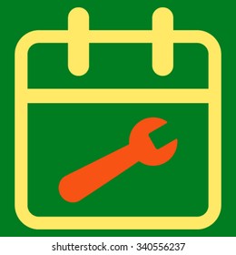 Service Day vector icon. Style is bicolor flat symbol, orange and yellow colors, rounded angles, green background.