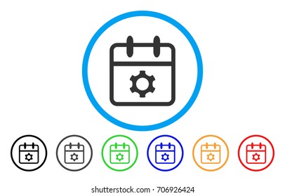 Service Day vector rounded icon. Image style is a flat gray icon symbol inside a blue circle. Additional color variants are grey, black, blue, green, red, orange.