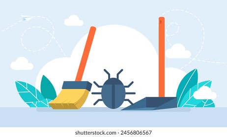 Service and debugging concept. Broom cleaning from bugs and viruses. Bug, broom, scoop, remove, delete, destroy, programming, testing, PC. Data protection, information security. Vector illustration