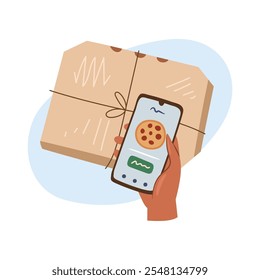 Service for delivery app, pizza delivery via application. Food market in smartphone. Online shop. Food delivery background concept. Hand holding phone with open food shop, mobile store