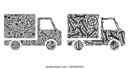 Service delivery car icon collage of tools. Abstract vector delivery car symbol is organized of cogwheels, hands, hammers and wrenches. Concept of tuning company.