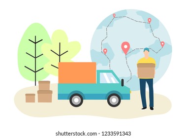 service delivery and logistics. Staff and transport of goods delivery. Flat vector illustration. Shipping concept. Isometric online Express.