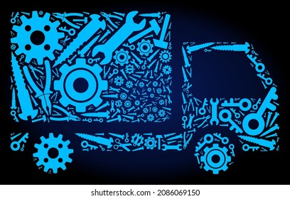 Service delivery lorry collage of service tools on a dark blue gradient background. Vector delivery lorry is organized with blue cogs, wrenches, and other tools, and based on delivery lorry icon.