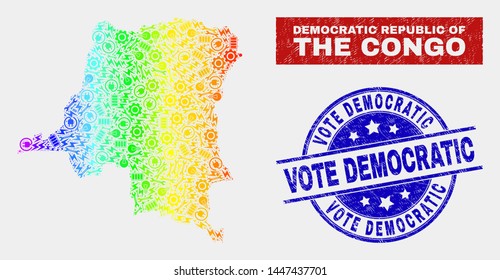 Service Democratic Republic of the Congo map and blue Vote Democratic grunge seal stamp. Colorful gradiented vector Democratic Republic of the Congo map mosaic of mechanics.